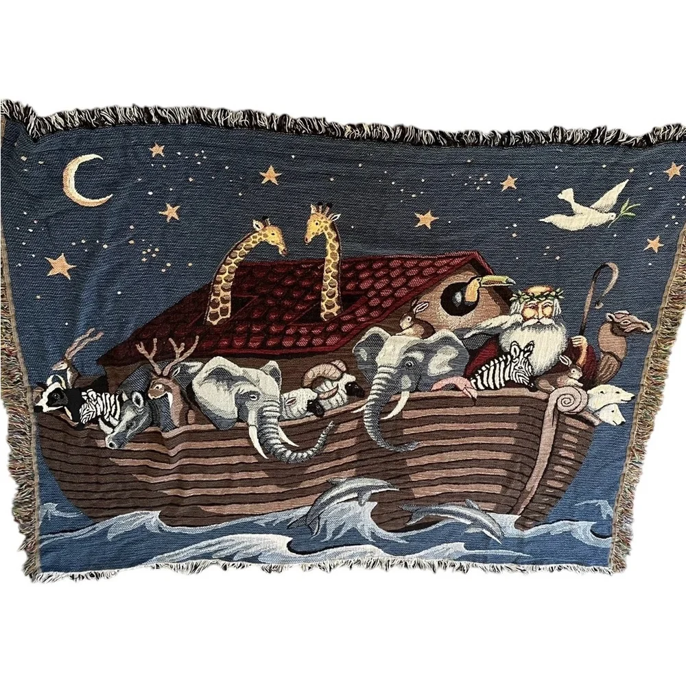 Vtg Woven Throw Blanket Noahs Ark Animals Fringed 65”x50”